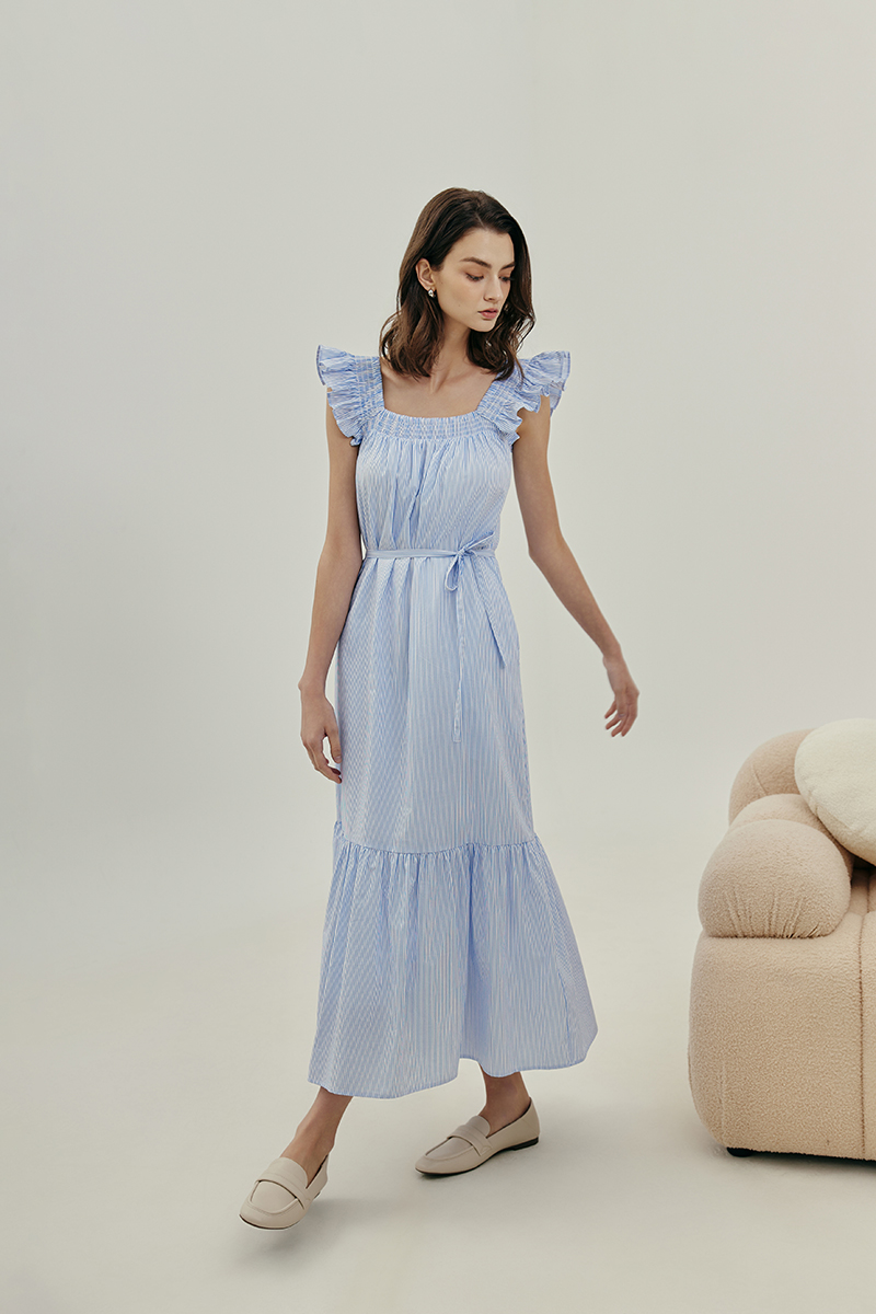 ARALYNN STRIPED RUFFLE MAXI DRESS W SASH