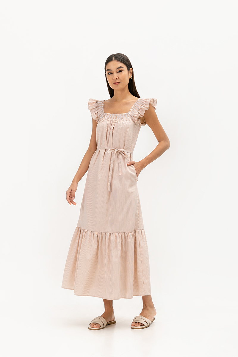 ARALYNN STRIPED RUFFLE MAXI DRESS W SASH