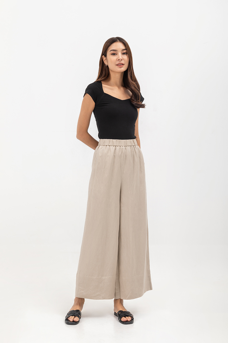 HARPER ELASTIC WAISTBAND WIDE LEG LINEN PANTS