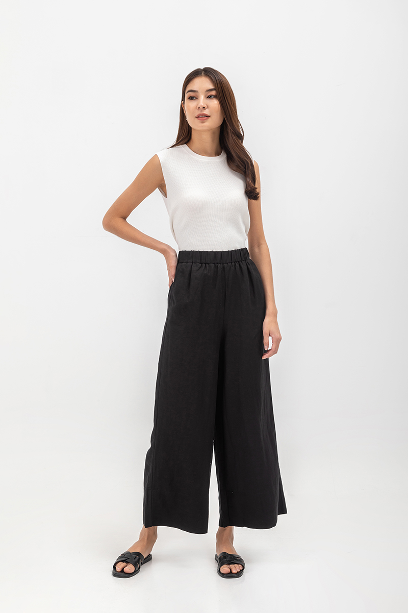 HARPER ELASTIC WAISTBAND WIDE LEG LINEN PANTS