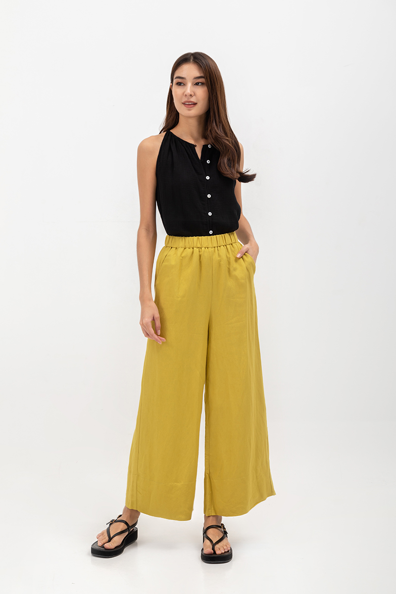 HARPER ELASTIC WAISTBAND WIDE LEG LINEN PANTS