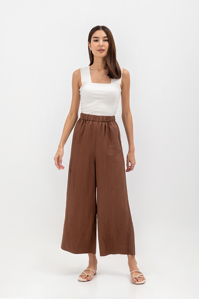 HARPER ELASTIC WAISTBAND WIDE LEG LINEN PANTS