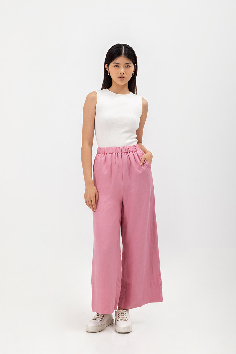 HARPER ELASTIC WAISTBAND WIDE LEG LINEN PANTS