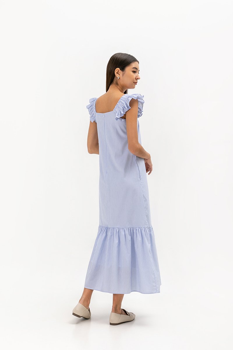 ARALYNN STRIPED RUFFLE MAXI DRESS W SASH