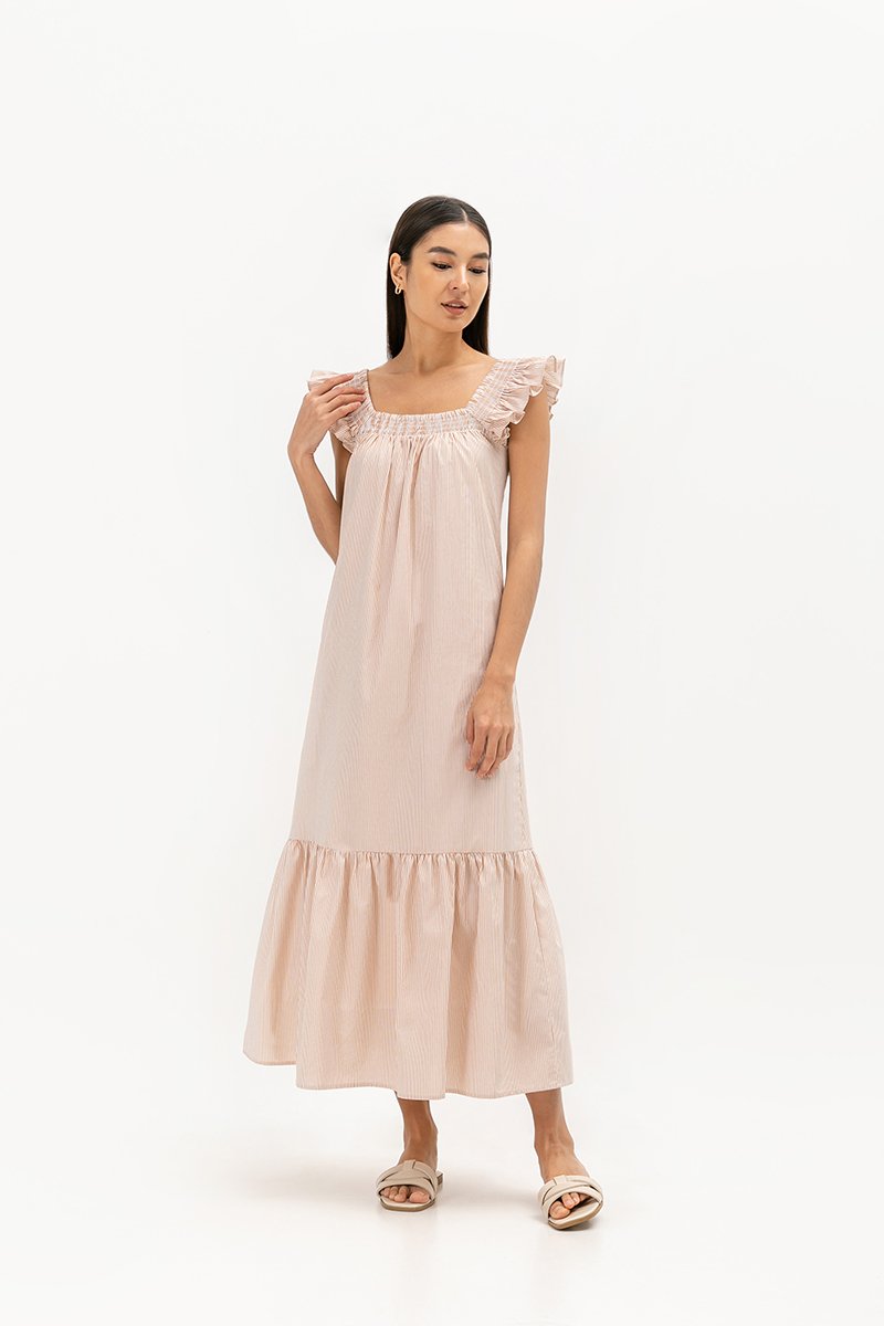 ARALYNN STRIPED RUFFLE MAXI DRESS W SASH