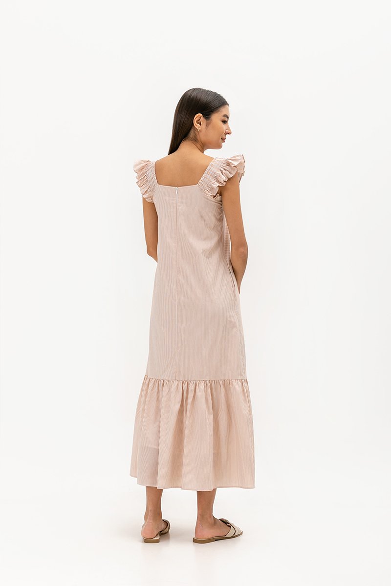 ARALYNN STRIPED RUFFLE MAXI DRESS W SASH