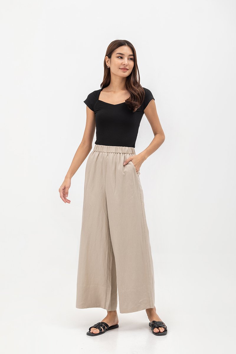 HARPER ELASTIC WAISTBAND WIDE LEG LINEN PANTS