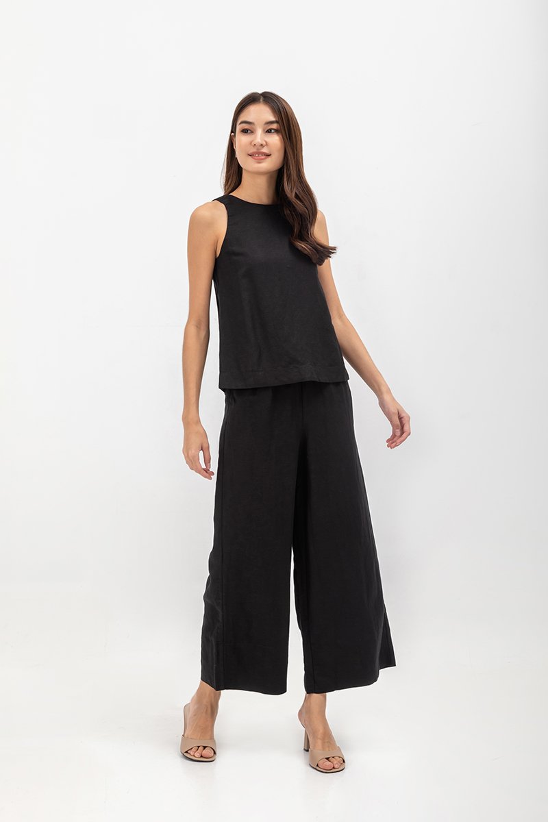 HARPER ELASTIC WAISTBAND WIDE LEG LINEN PANTS