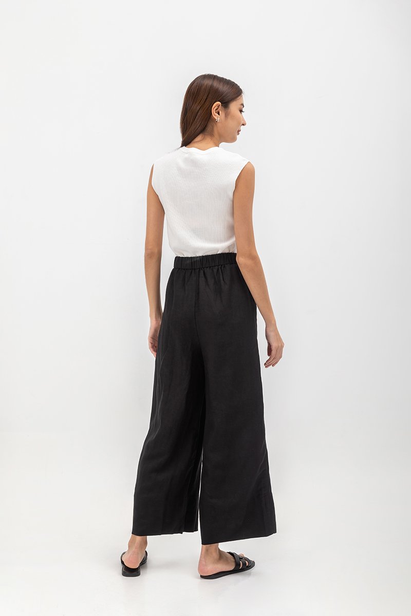 HARPER ELASTIC WAISTBAND WIDE LEG LINEN PANTS