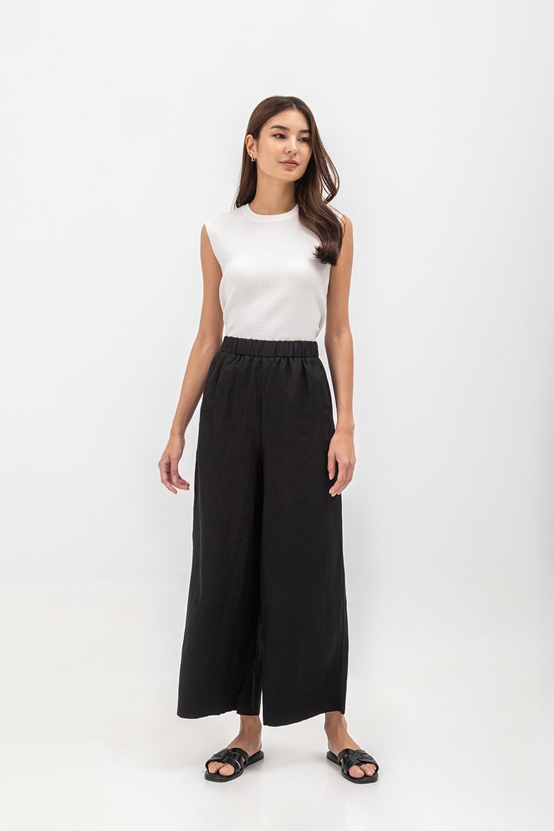 HARPER ELASTIC WAISTBAND WIDE LEG LINEN PANTS