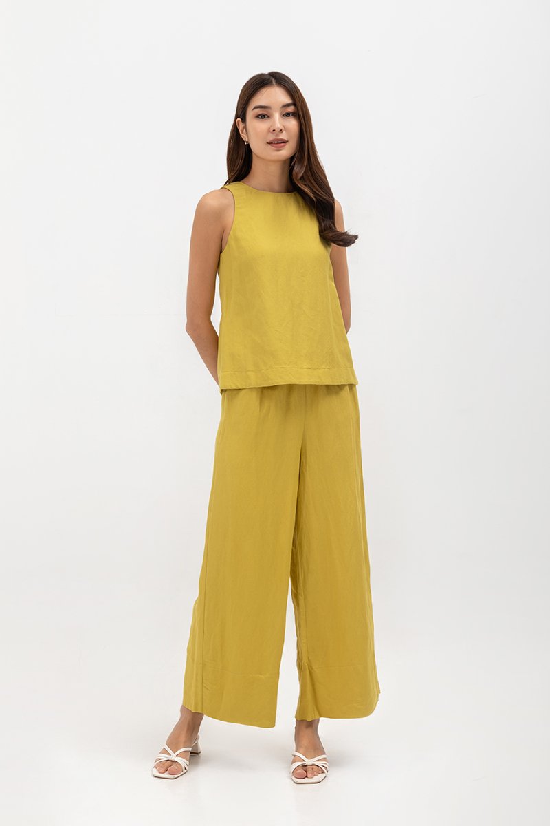 HARPER ELASTIC WAISTBAND WIDE LEG LINEN PANTS
