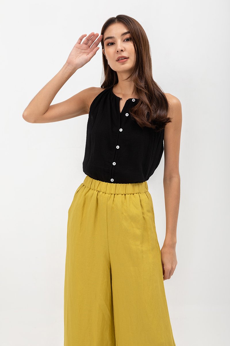 HARPER ELASTIC WAISTBAND WIDE LEG LINEN PANTS