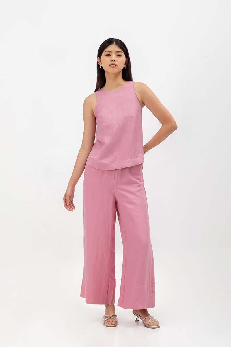 HARPER ELASTIC WAISTBAND WIDE LEG LINEN PANTS