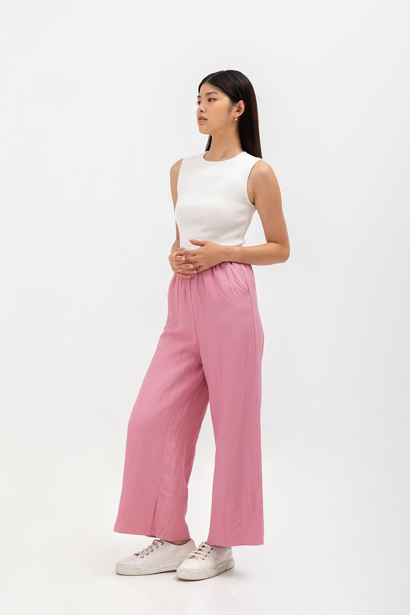 HARPER ELASTIC WAISTBAND WIDE LEG LINEN PANTS