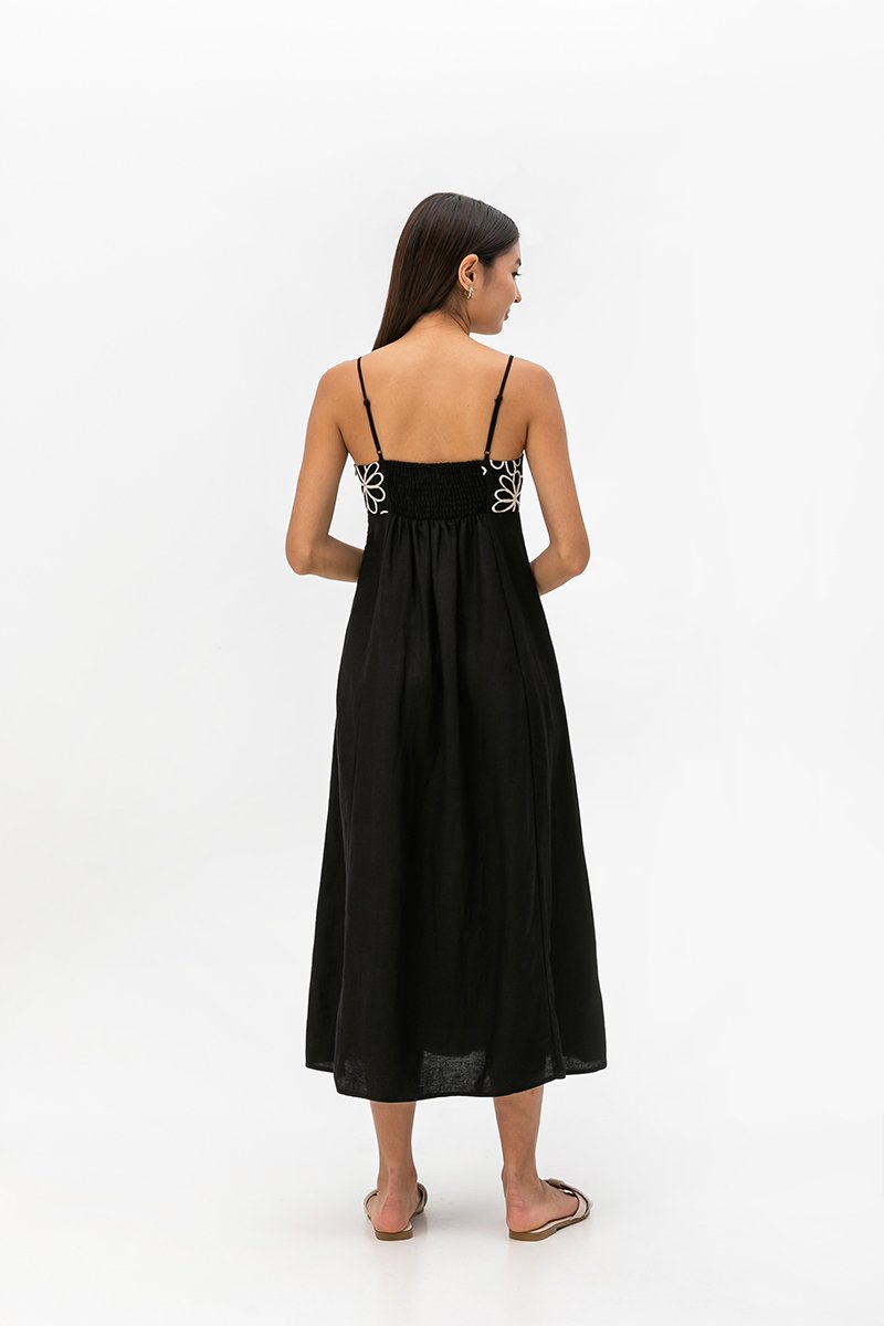 IRISA CONTRAST FLORAL EMBROIDERY MAXI LINEN DRESS