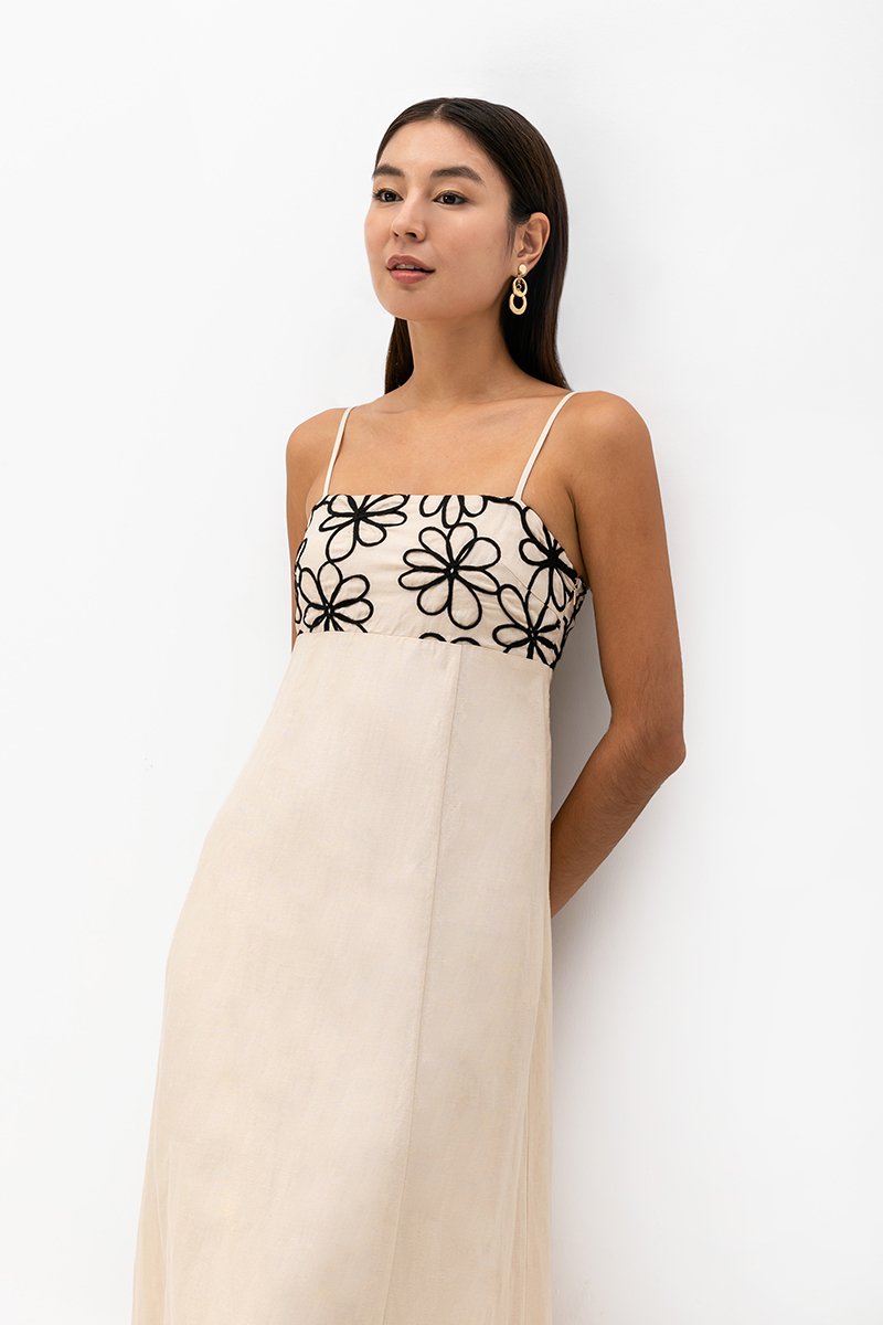 IRISA CONTRAST FLORAL EMBROIDERY MAXI LINEN DRESS