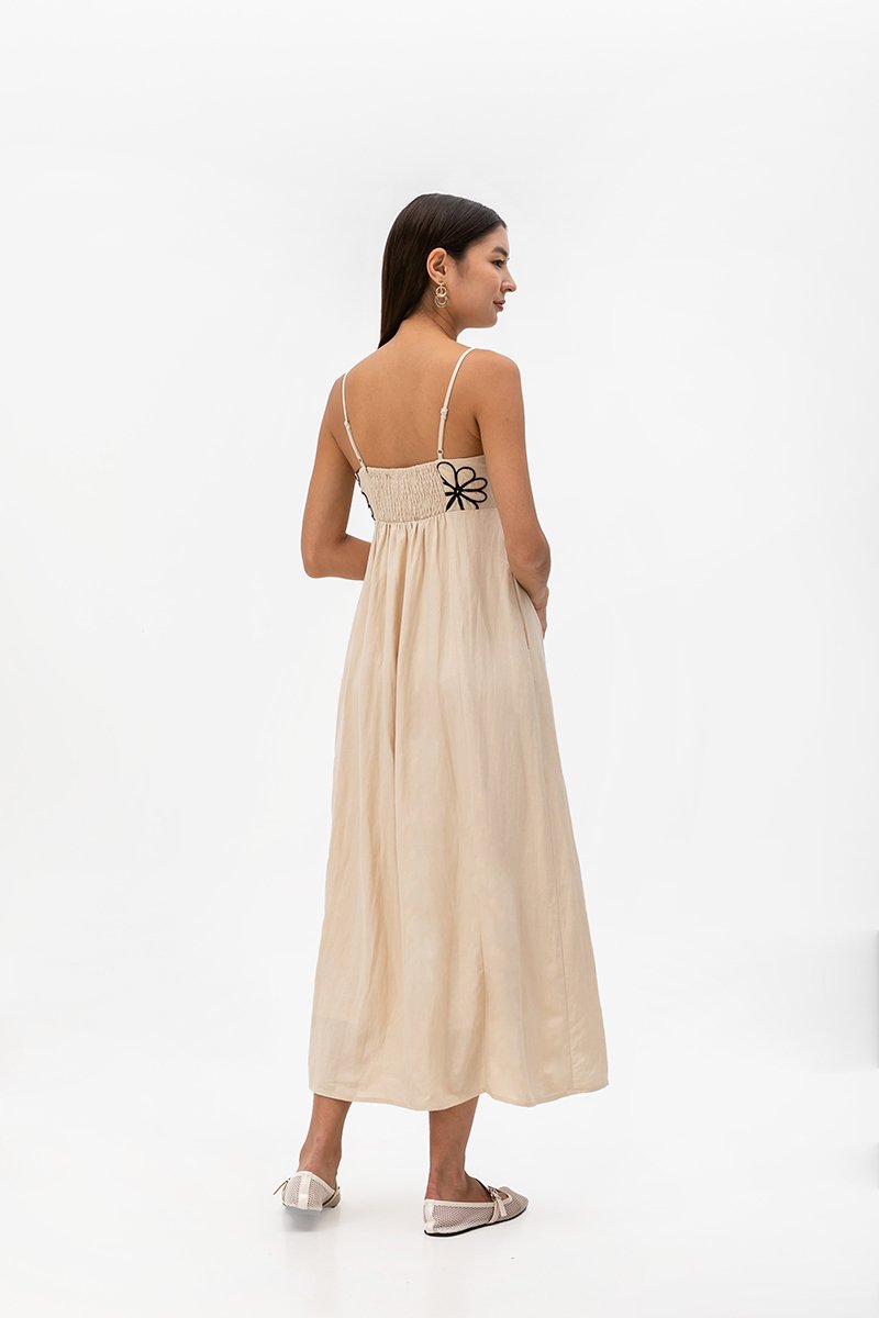 IRISA CONTRAST FLORAL EMBROIDERY MAXI LINEN DRESS