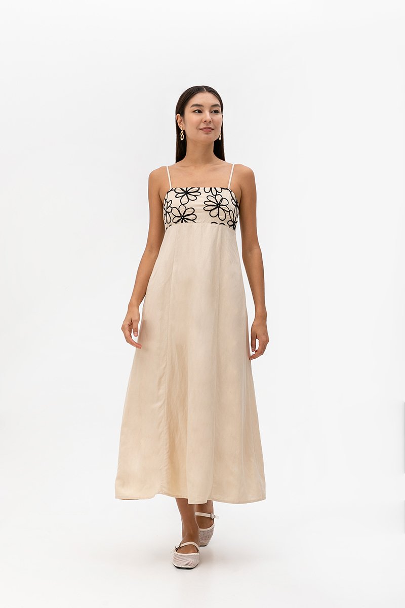 IRISA CONTRAST FLORAL EMBROIDERY MAXI LINEN DRESS