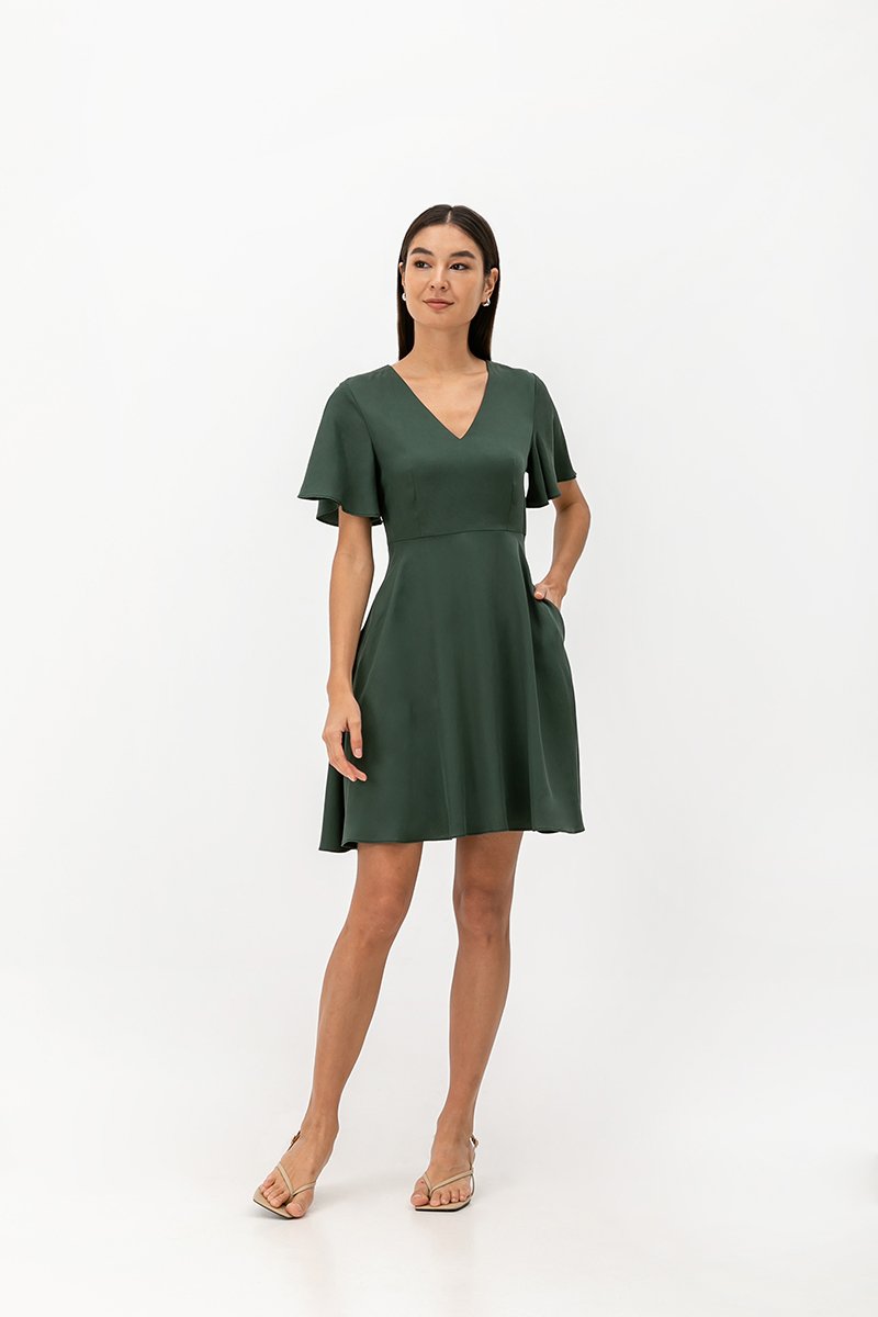 MEADOW FLUTTER SLEEVE V NECK MINI DRESS