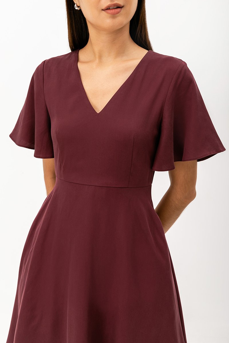 MEADOW FLUTTER SLEEVE V NECK MINI DRESS