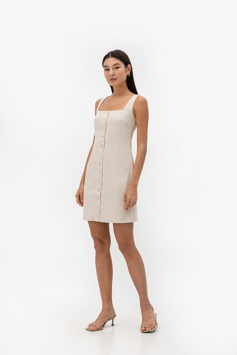 CALLIA BUTTONDOWN SHORT LINEN DRESS W SASH