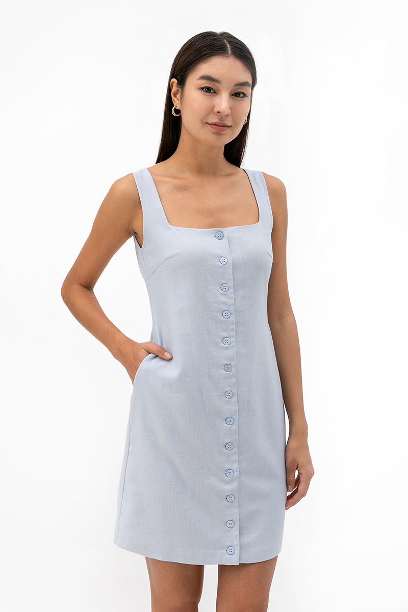 CALLIA BUTTONDOWN SHORT LINEN DRESS W SASH