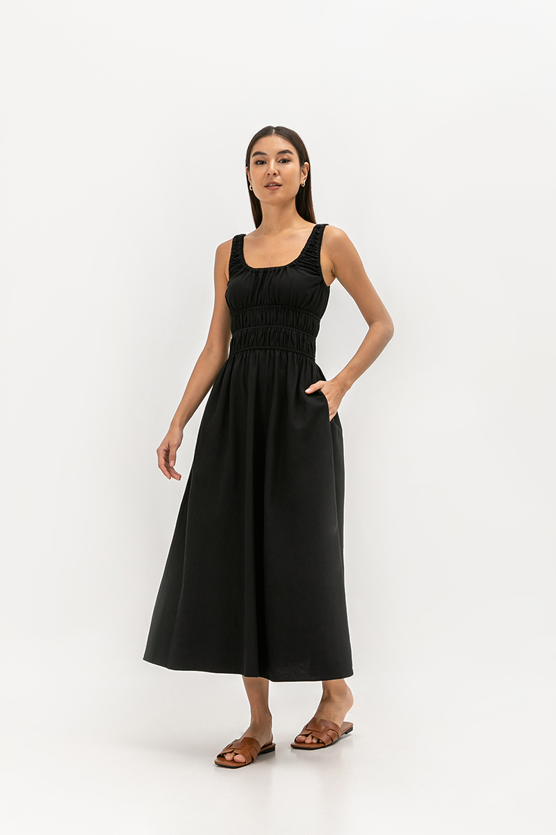 HAZELLE RUCHED WAIST LINEN MIDI DRESS