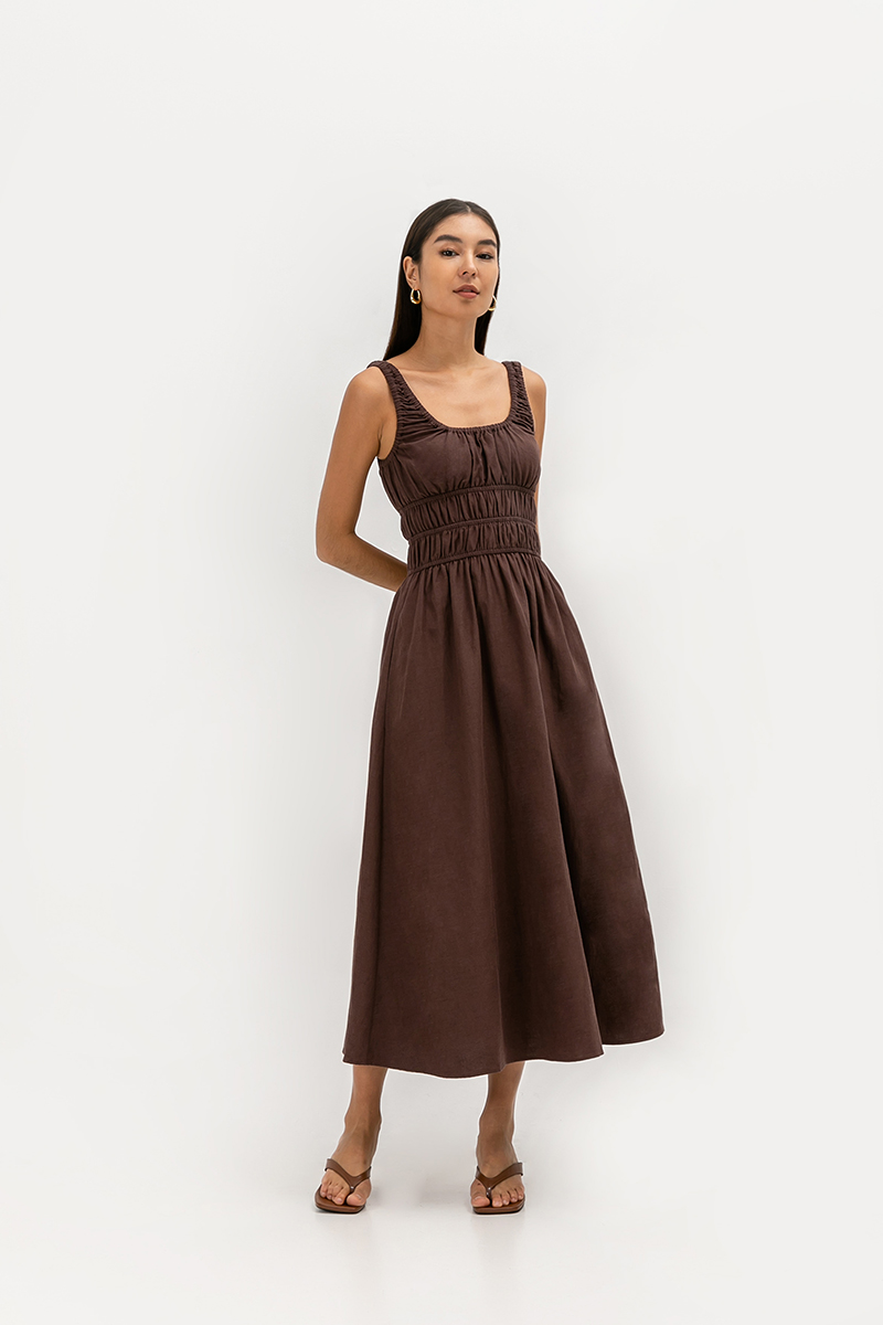 HAZELLE RUCHED WAIST LINEN MIDI DRESS