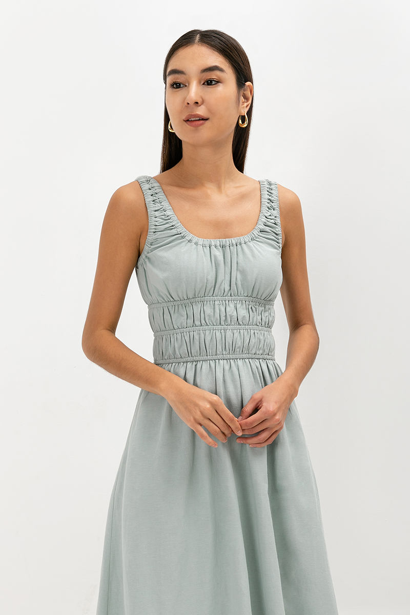 HAZELLE RUCHED WAIST LINEN MIDI DRESS