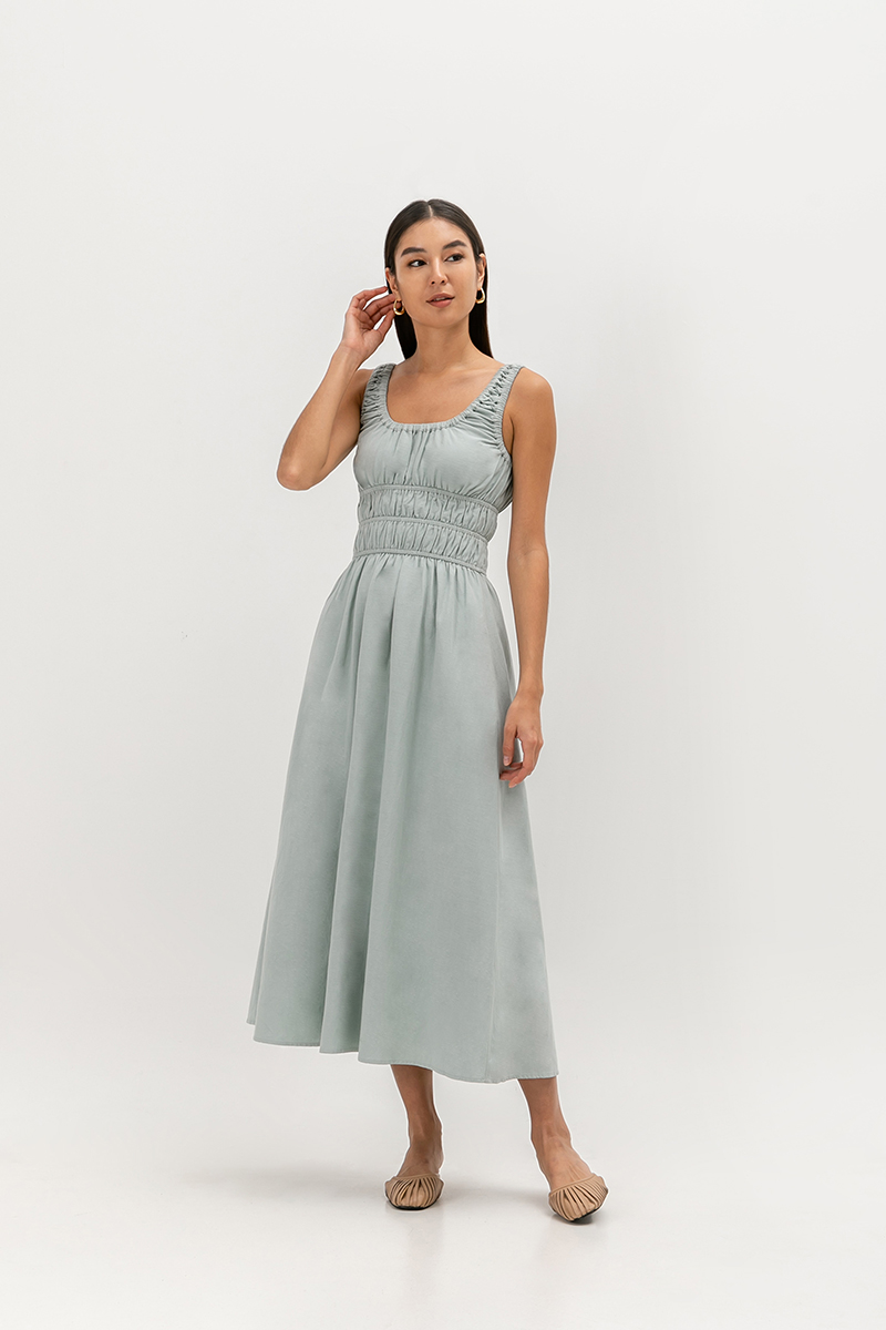 HAZELLE RUCHED WAIST LINEN MIDI DRESS