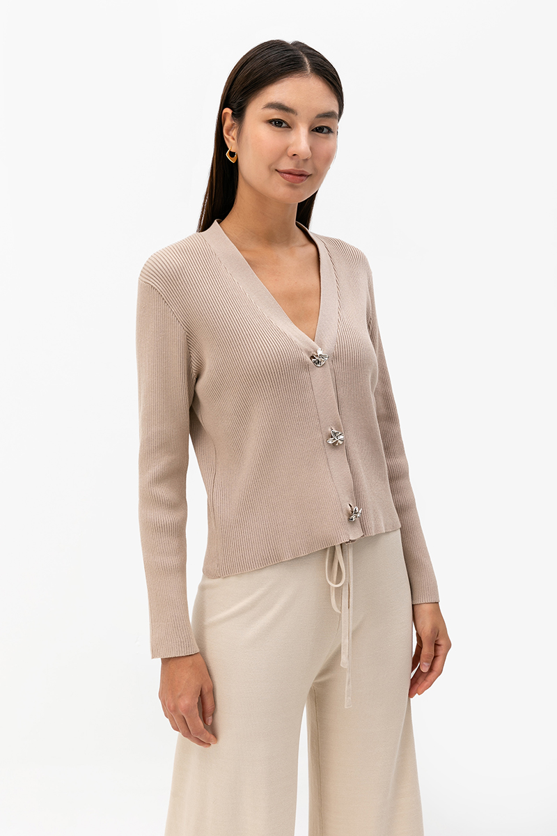 GALE METALLIC BUTTON RIBBED CARDIGAN