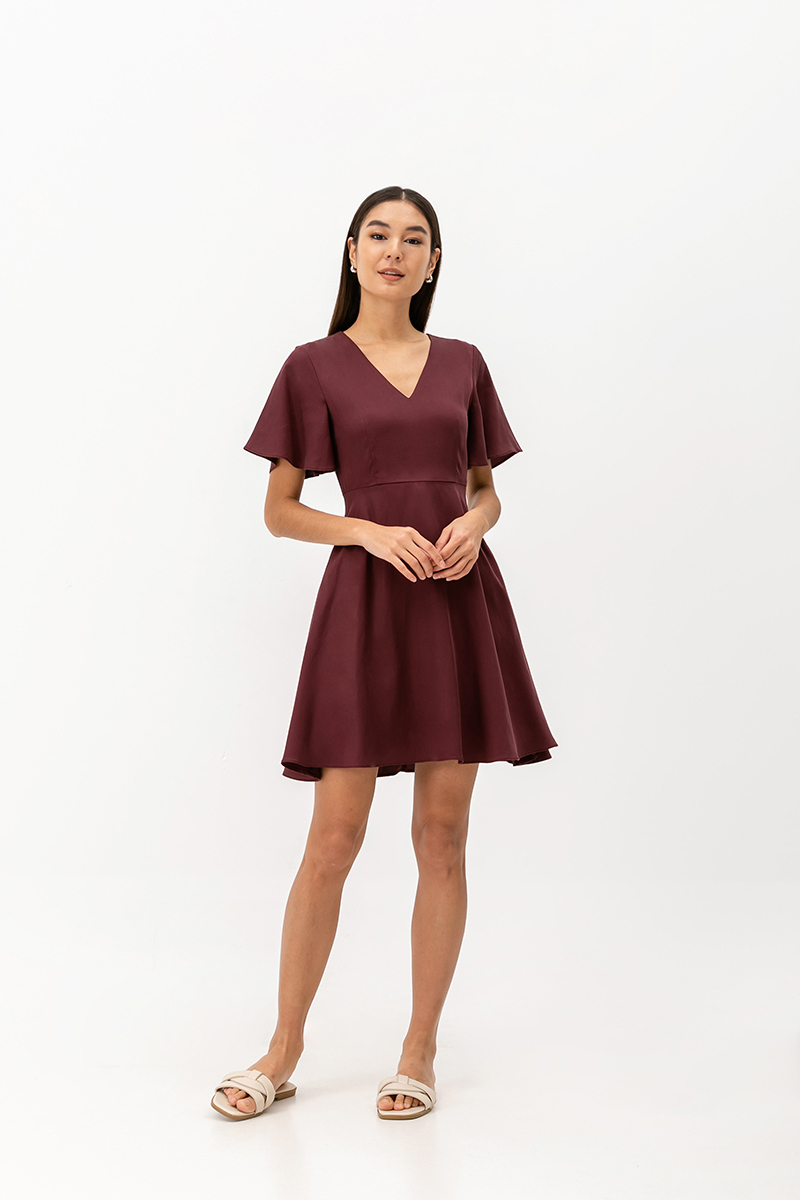 MEADOW FLUTTER SLEEVE V NECK MINI DRESS