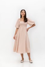 CASIE PUFF SLEEVE SMOCKED MIDI DRESS