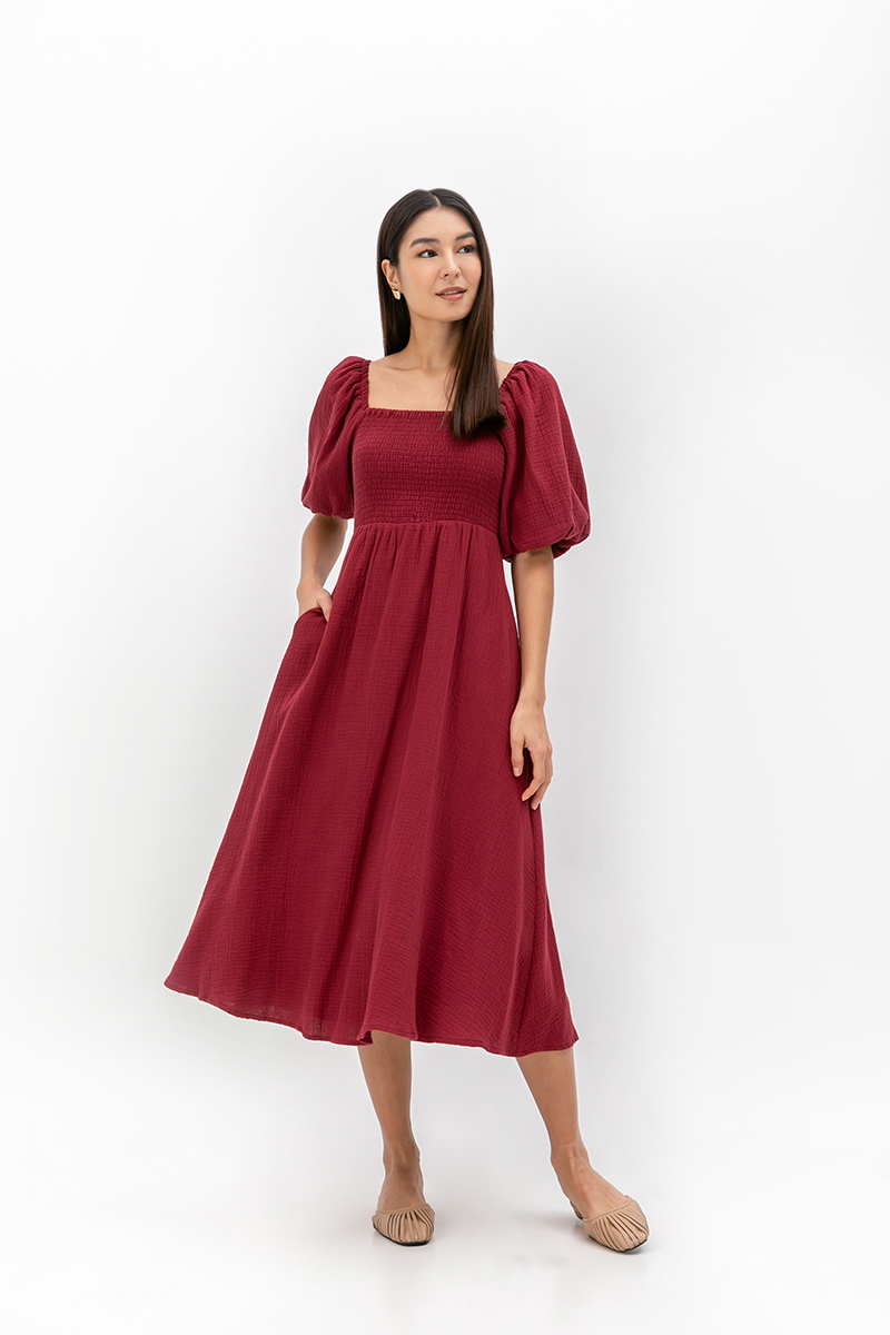 CASIE PUFF SLEEVE SMOCKED MIDI DRESS