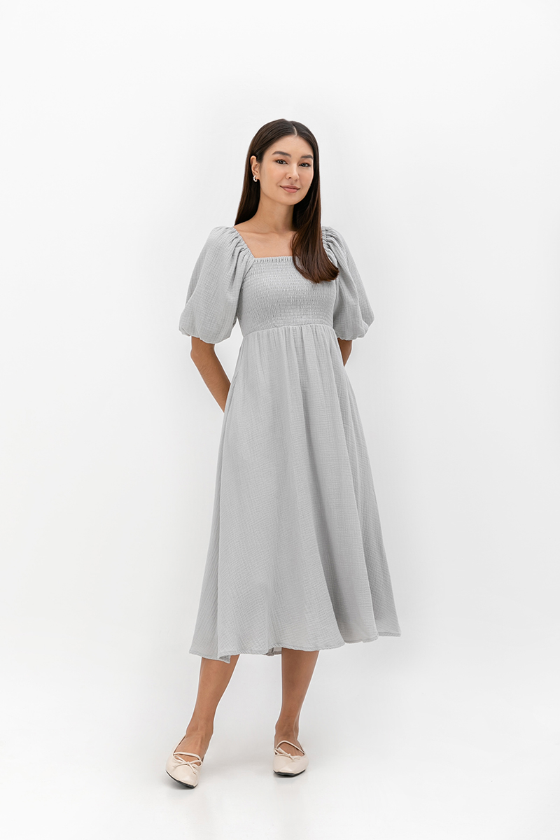 CASIE PUFF SLEEVE SMOCKED MIDI DRESS