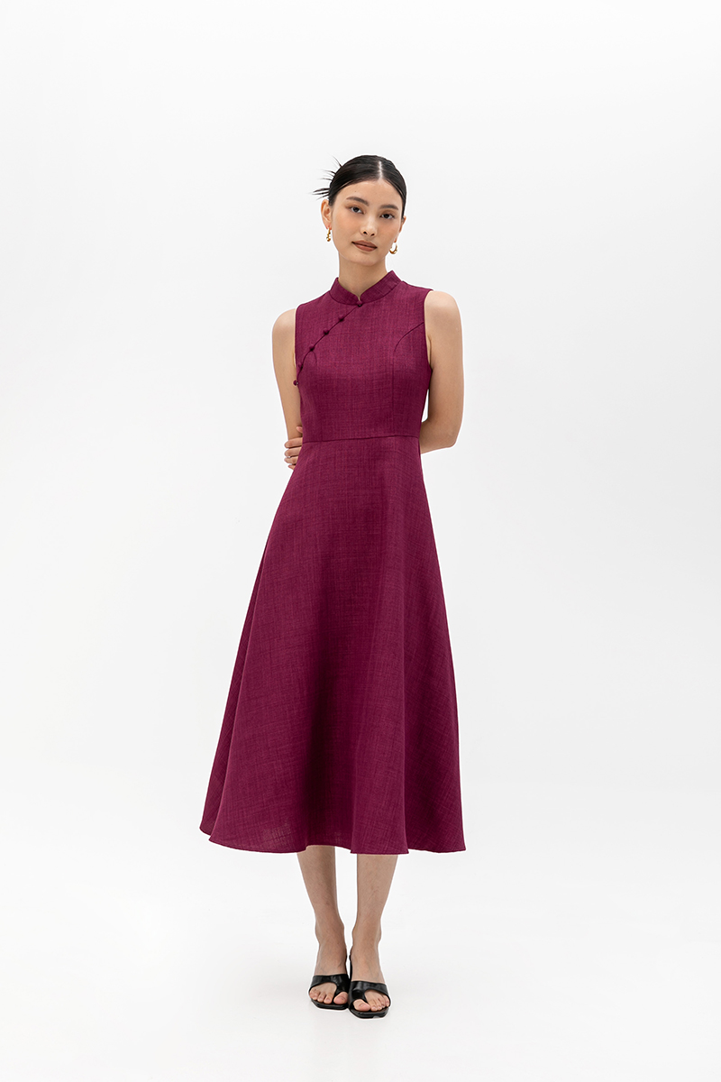 SADIE TEXTURED FIT AND FLARE CHEONGSAM DRESS