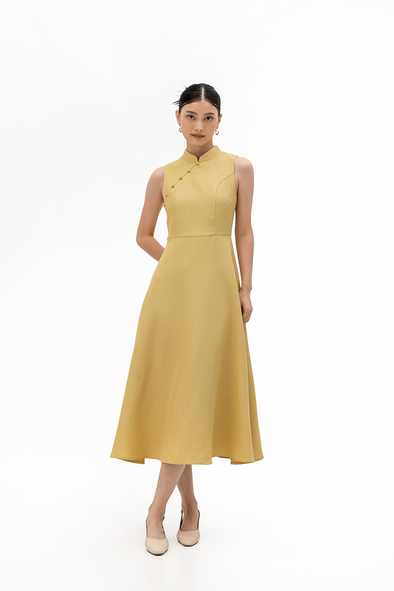 SADIE TEXTURED FIT AND FLARE CHEONGSAM DRESS