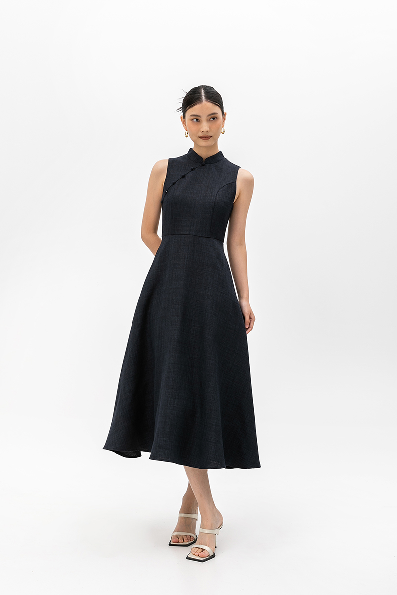 SADIE TEXTURED FIT AND FLARE CHEONGSAM DRESS