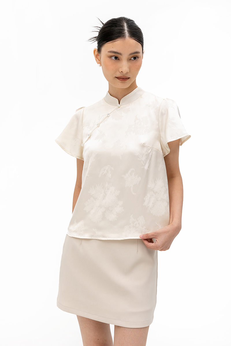 MYOKO FLORAL SATIN FLUTTER SLEEVE CHEONGSAM TOP