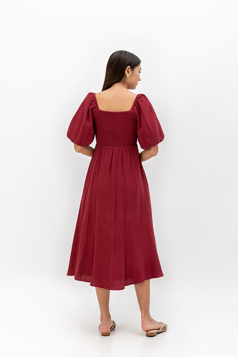 CASIE PUFF SLEEVE SMOCKED MIDI DRESS