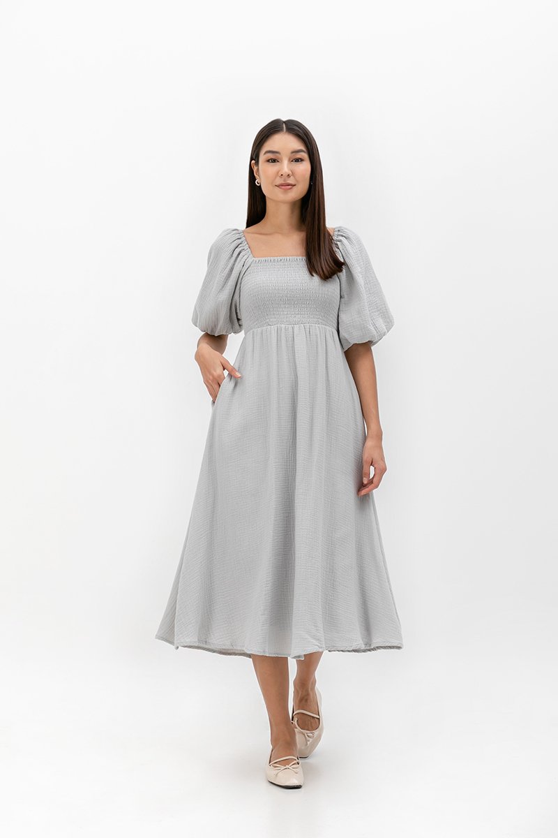 CASIE PUFF SLEEVE SMOCKED MIDI DRESS