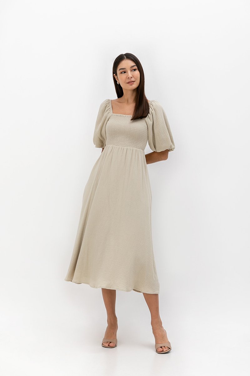 CASIE PUFF SLEEVE SMOCKED MIDI DRESS