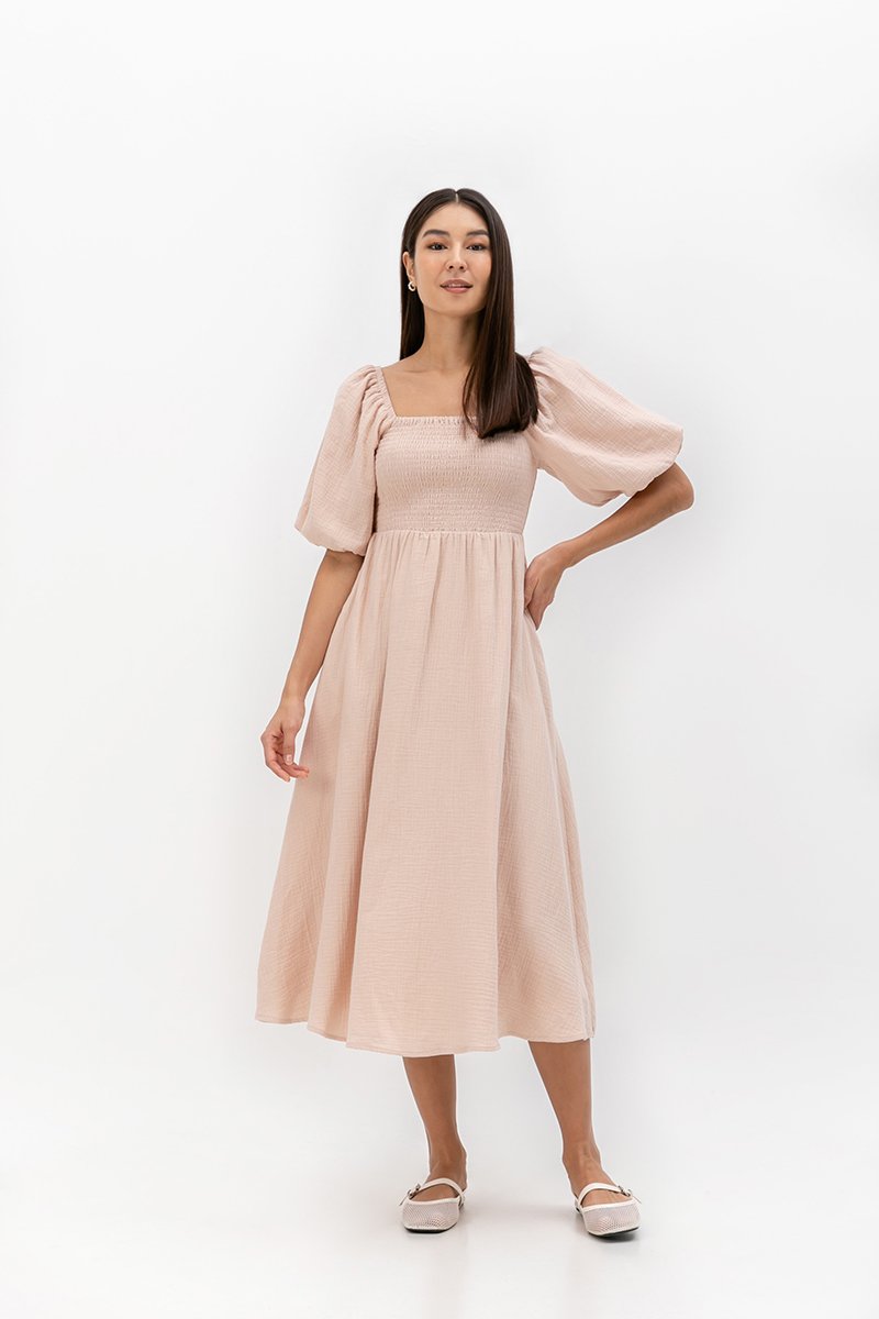 CASIE PUFF SLEEVE SMOCKED MIDI DRESS