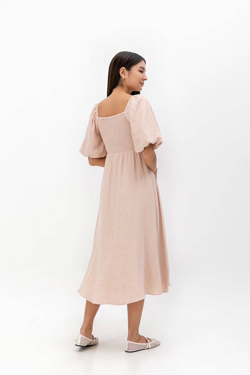 CASIE PUFF SLEEVE SMOCKED MIDI DRESS