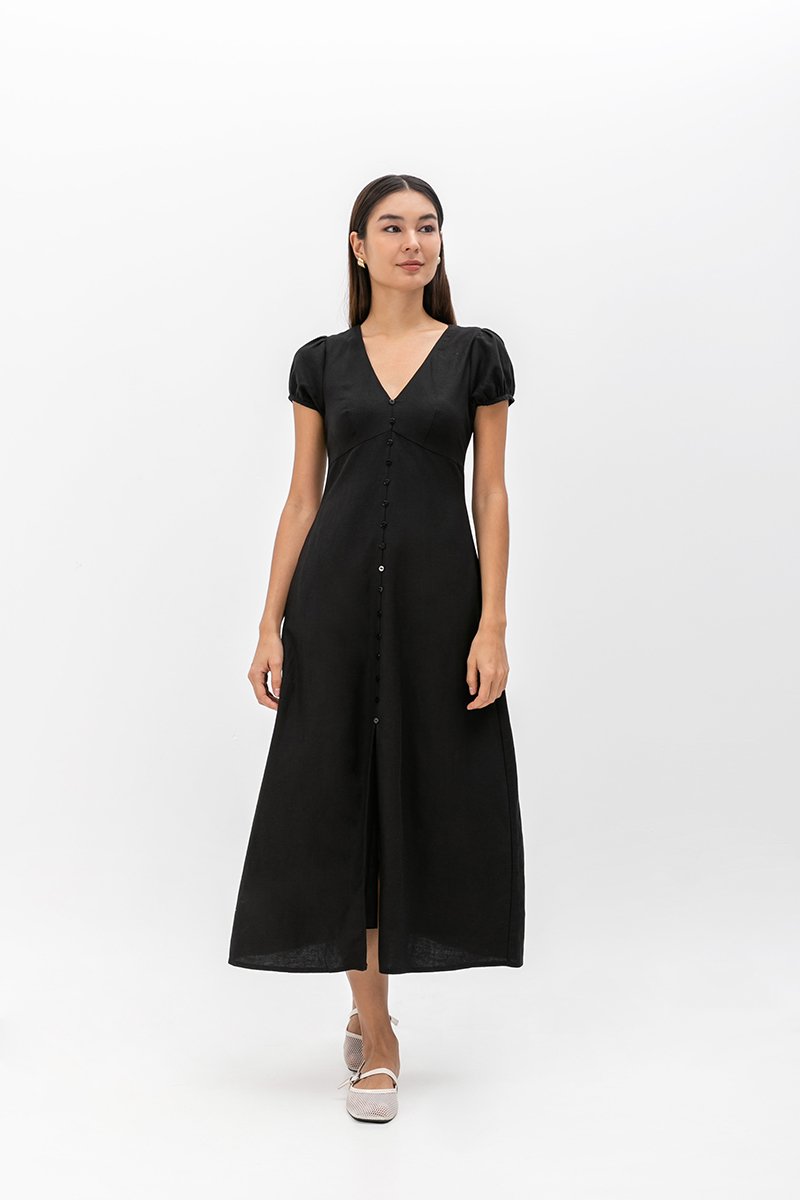 KAISLEY PUFF SLEEVE BUTTON LINEN DRESS
