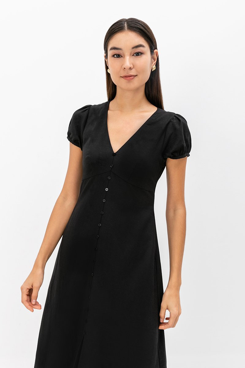 KAISLEY PUFF SLEEVE BUTTON LINEN DRESS