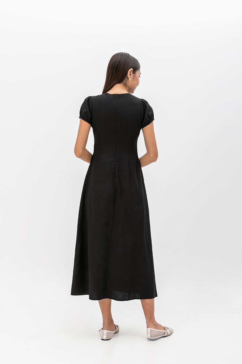 KAISLEY PUFF SLEEVE BUTTON LINEN DRESS