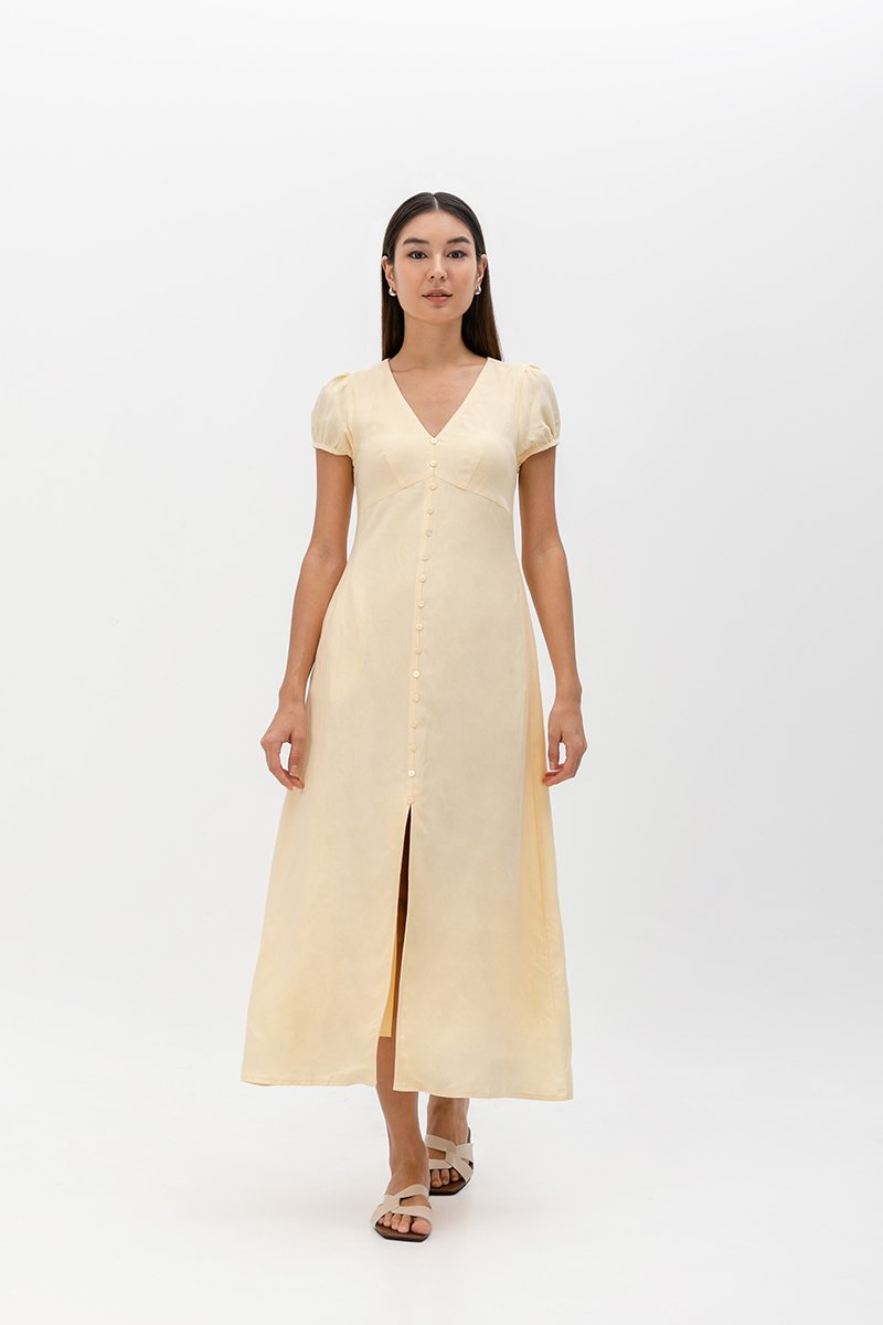 KAISLEY PUFF SLEEVE BUTTON LINEN DRESS