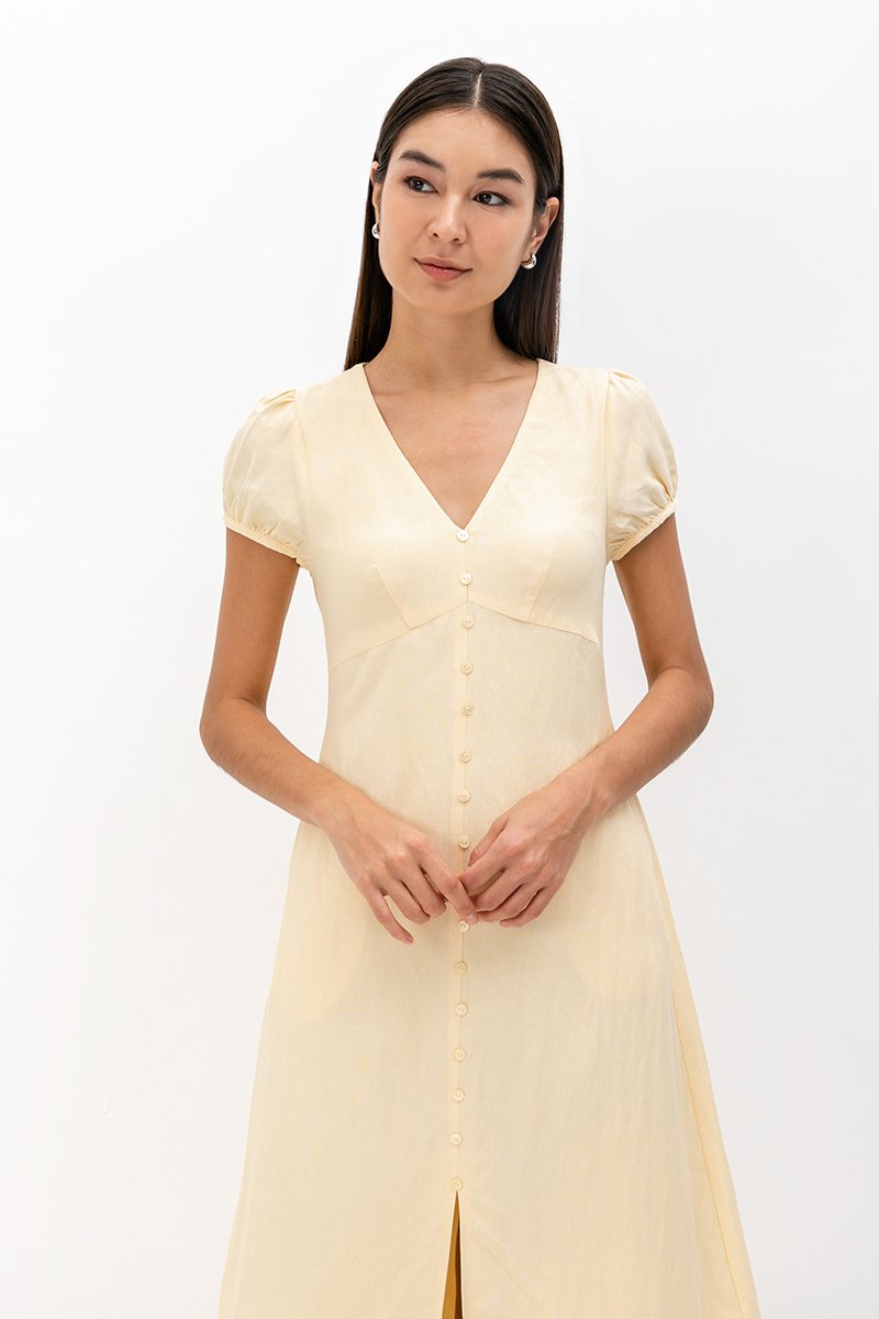 KAISLEY PUFF SLEEVE BUTTON LINEN DRESS
