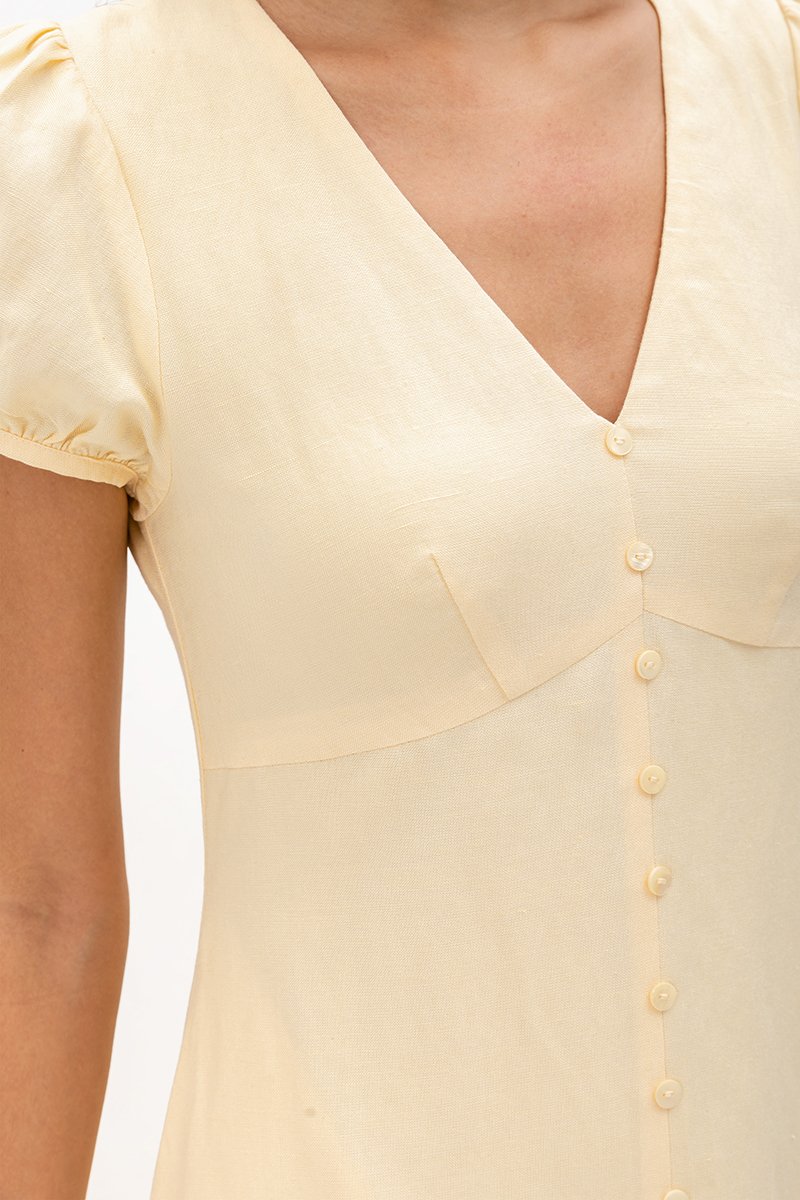 KAISLEY PUFF SLEEVE BUTTON LINEN DRESS